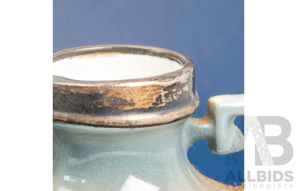 Antique Royal Bayreuth Bavaria Miniature Twin Handled Urn with Sterling Silver Mount