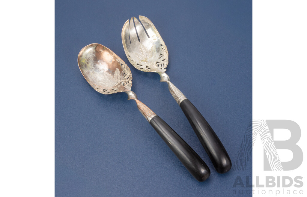 Pair of Vintage Thai Silver Plated and Horn Handled Salad Servers