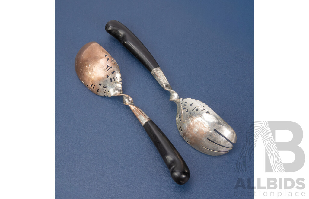 Pair of Vintage Thai Silver Plated and Horn Handled Salad Servers