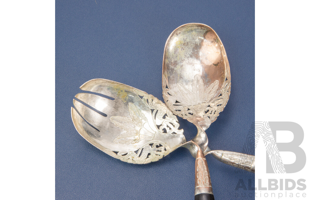 Pair of Vintage Thai Silver Plated and Horn Handled Salad Servers