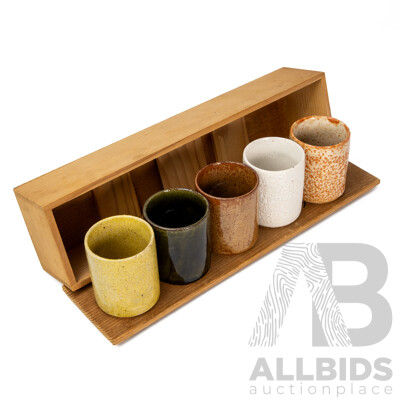 Boxed Set of Five Japanese Glazed Ceramic Sake Cups