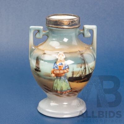 Antique Royal Bayreuth Bavaria Miniature Twin Handled Urn with Sterling Silver Mount