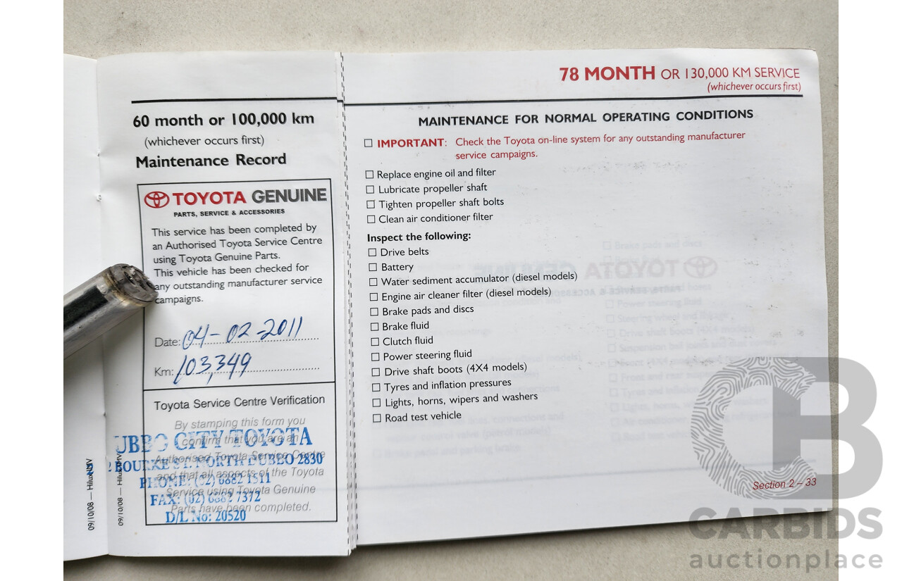 10/2009 Toyota Hilux SR (4x4) KUN26R 08 UPGRADE Dual Cab P/Up White 3.0L
