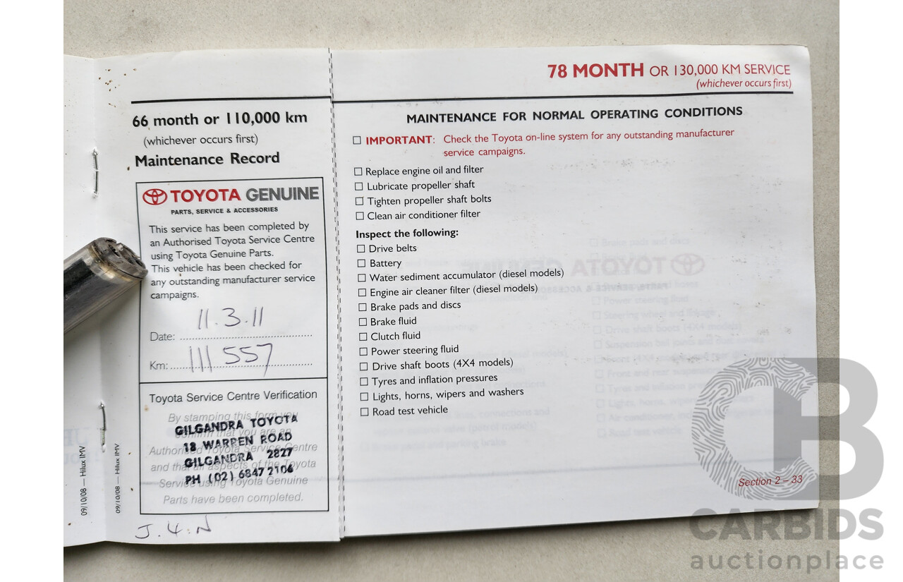 10/2009 Toyota Hilux SR (4x4) KUN26R 08 UPGRADE Dual Cab P/Up White 3.0L
