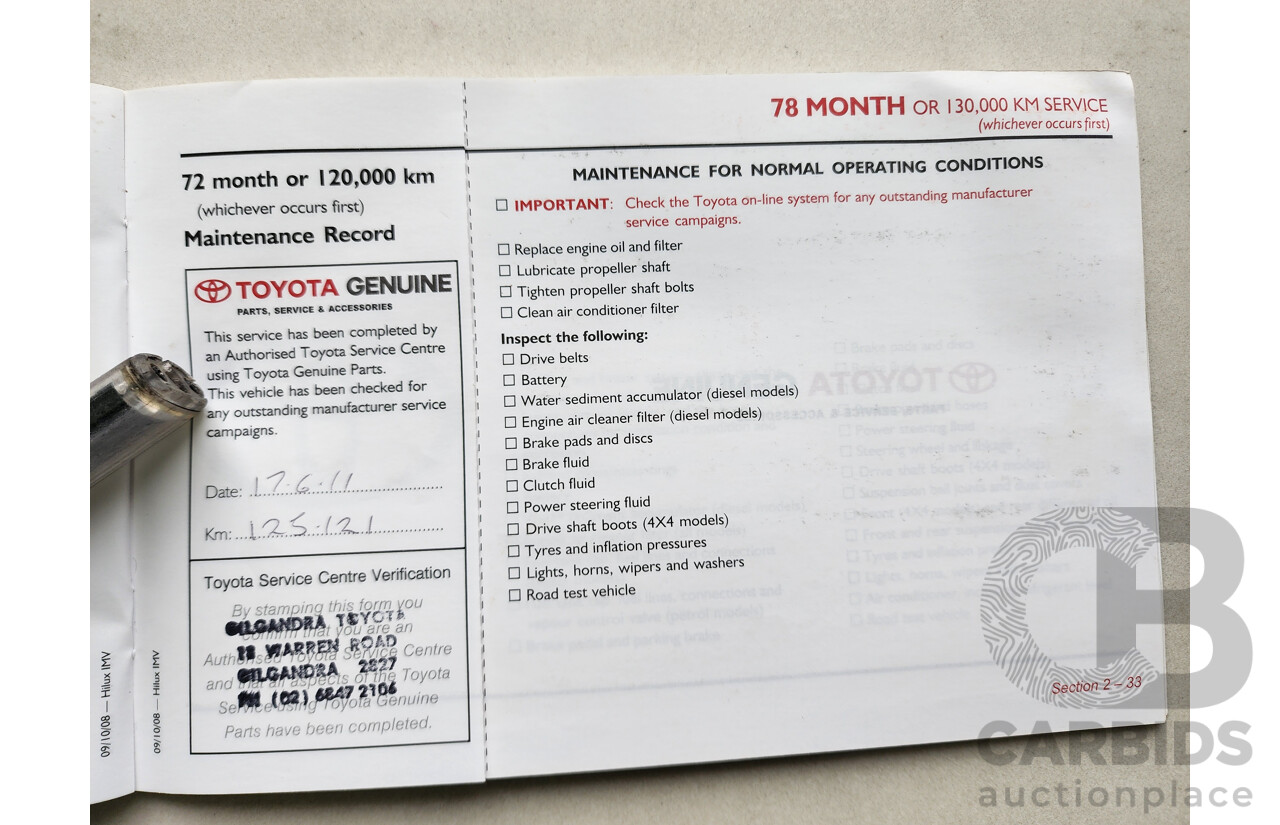 10/2009 Toyota Hilux SR (4x4) KUN26R 08 UPGRADE Dual Cab P/Up White 3.0L