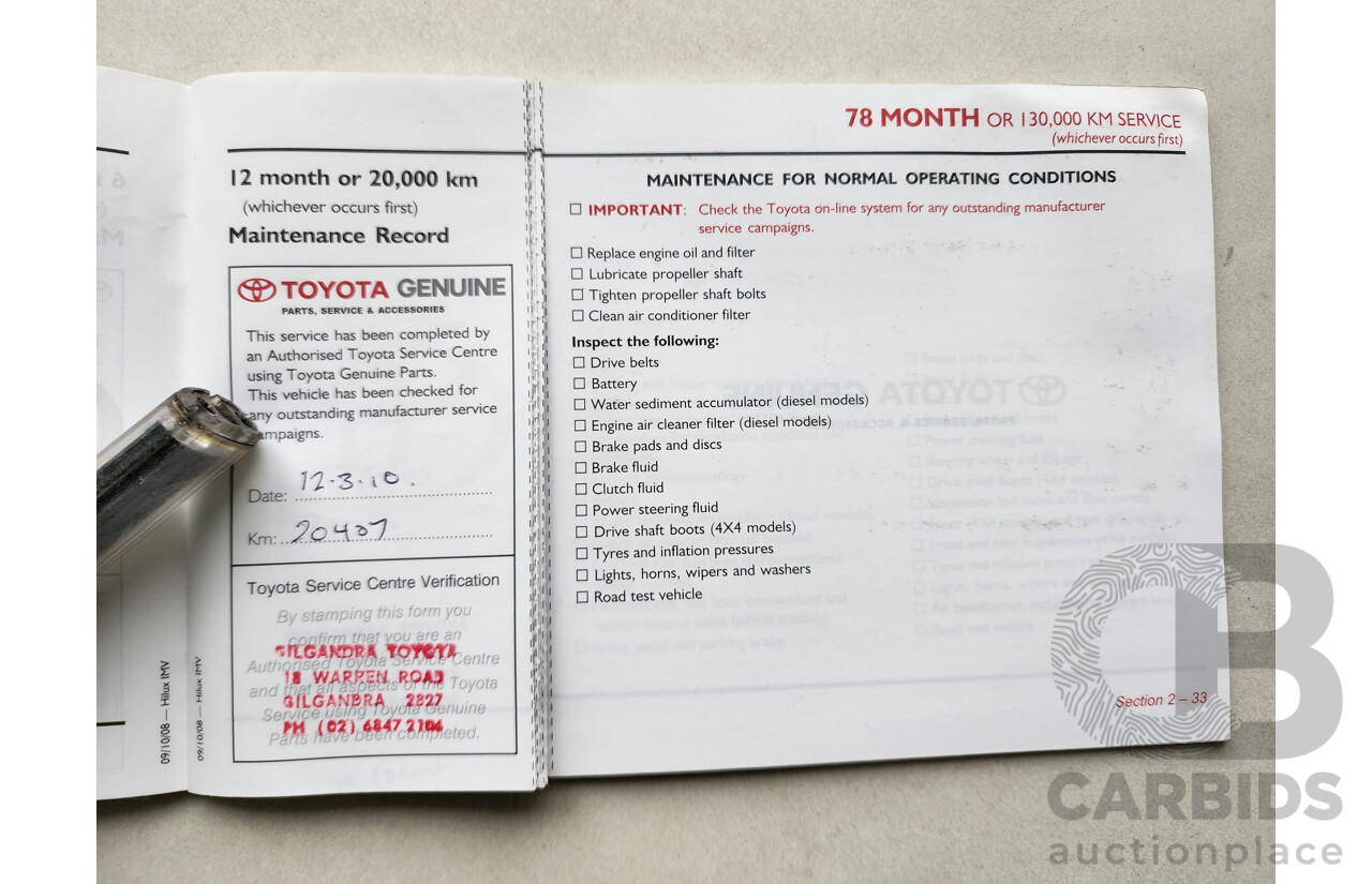 10/2009 Toyota Hilux SR (4x4) KUN26R 08 UPGRADE Dual Cab P/Up White 3.0L