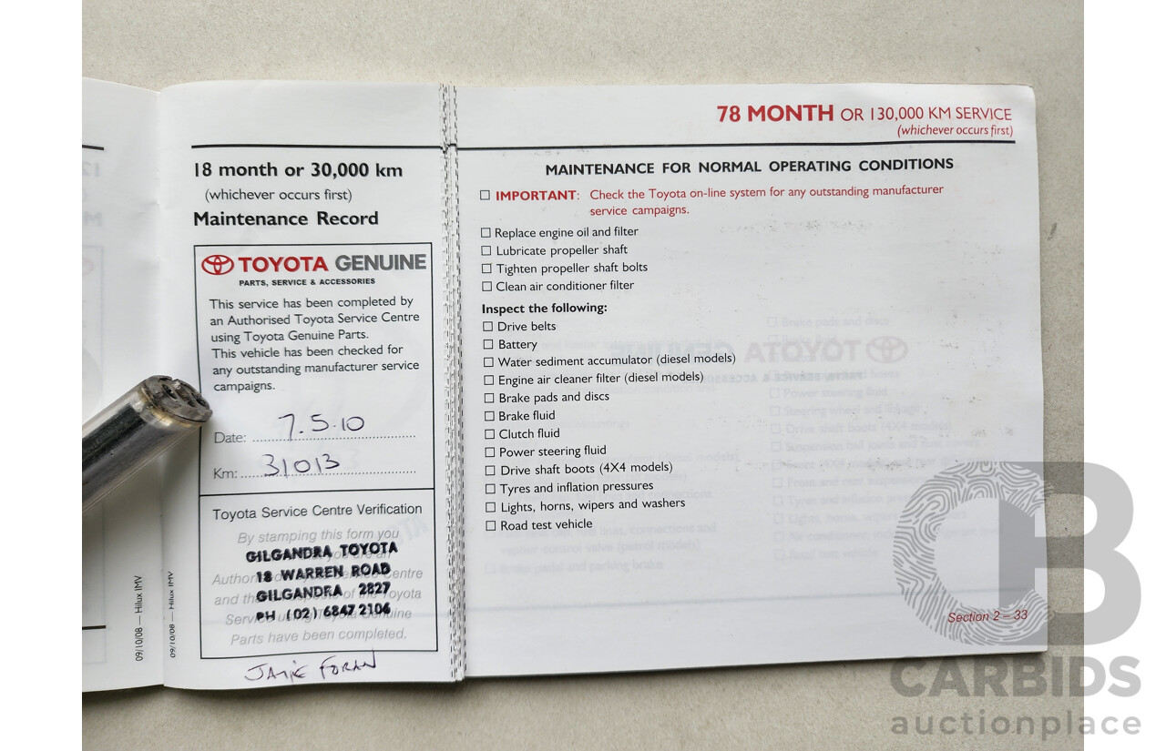 10/2009 Toyota Hilux SR (4x4) KUN26R 08 UPGRADE Dual Cab P/Up White 3.0L