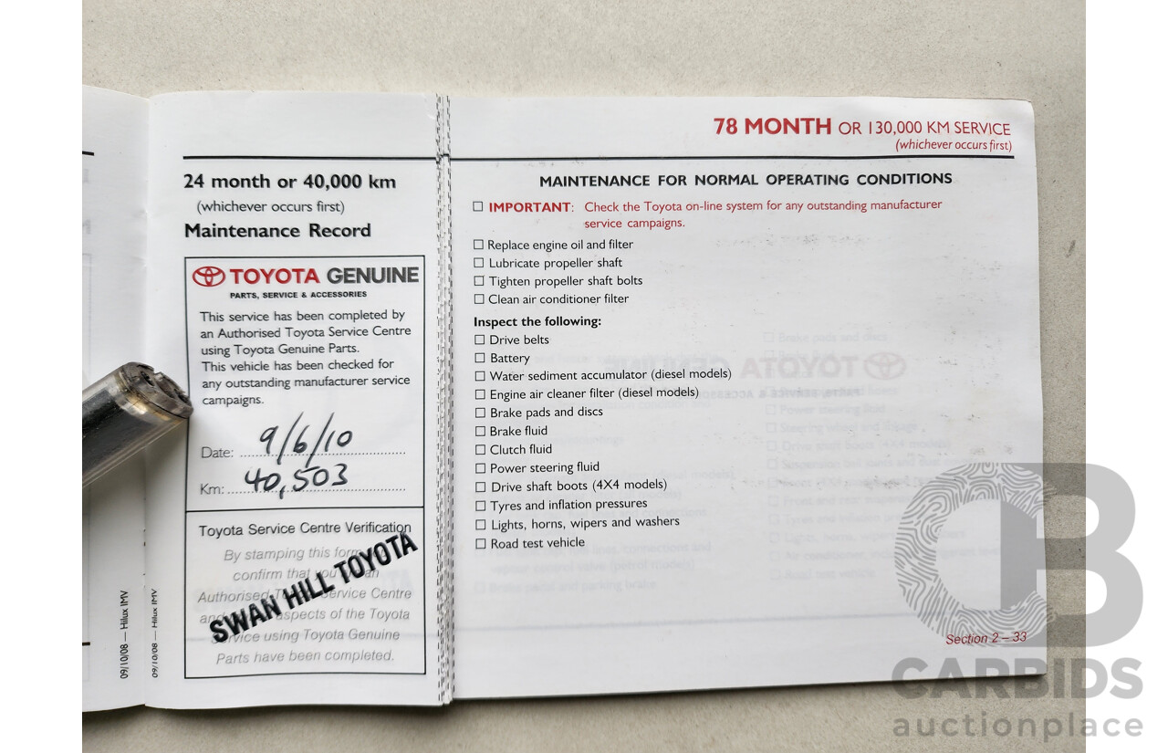 10/2009 Toyota Hilux SR (4x4) KUN26R 08 UPGRADE Dual Cab P/Up White 3.0L