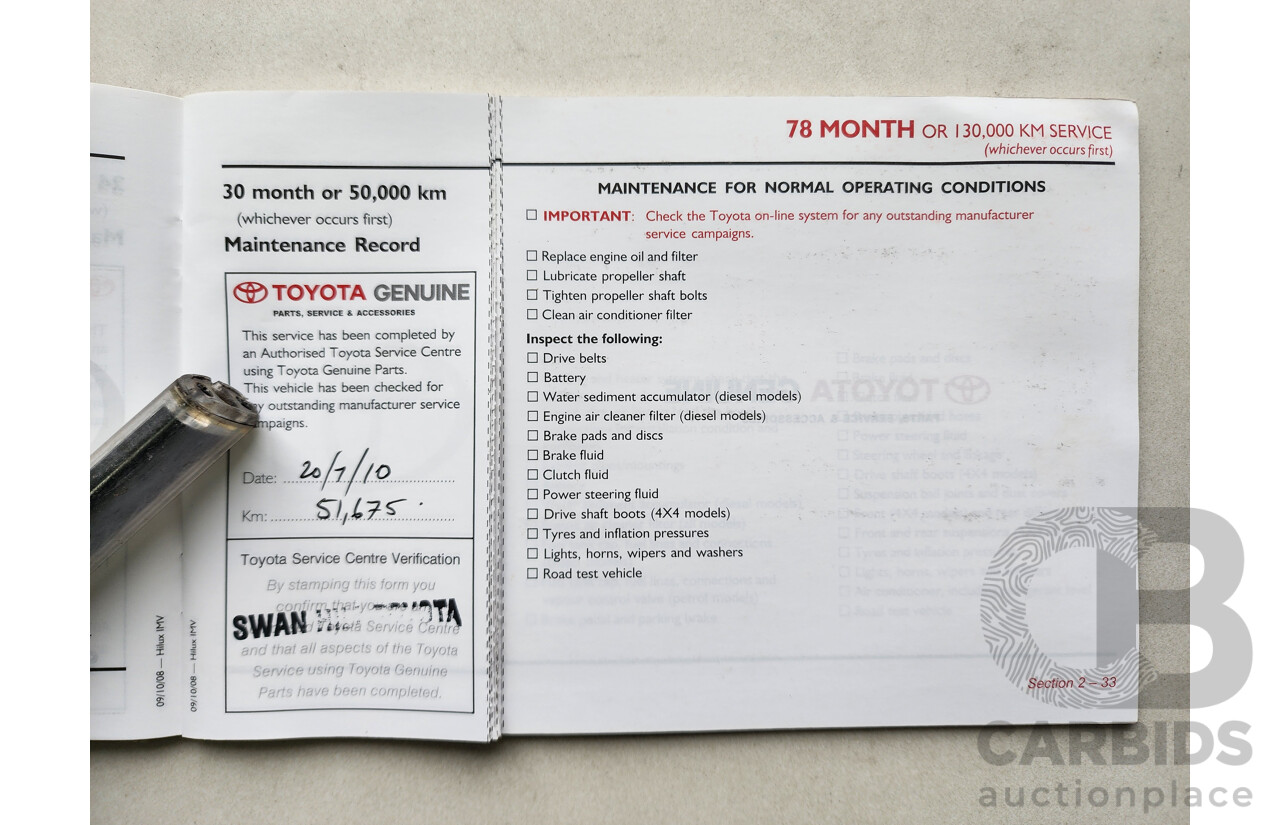 10/2009 Toyota Hilux SR (4x4) KUN26R 08 UPGRADE Dual Cab P/Up White 3.0L