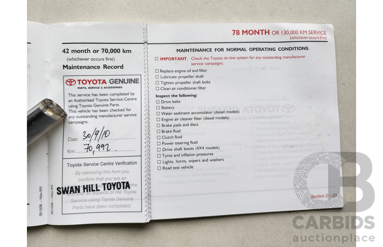 10/2009 Toyota Hilux SR (4x4) KUN26R 08 UPGRADE Dual Cab P/Up White 3.0L