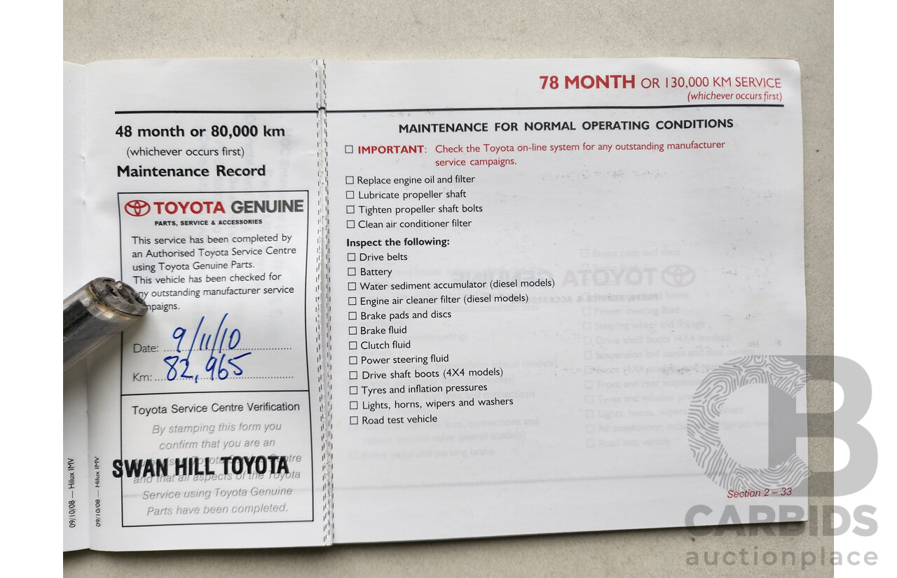 10/2009 Toyota Hilux SR (4x4) KUN26R 08 UPGRADE Dual Cab P/Up White 3.0L