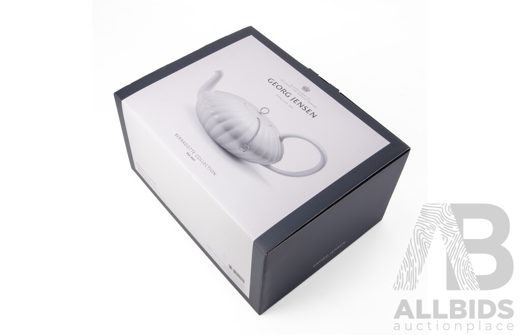 Boxed Georg Jensen Bernadotte Collection Porcelain and Stainless Steel Teapot