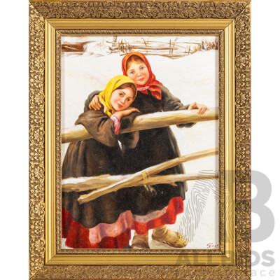Artist Unknown (20th Century, Russian), Friends - The Secret Keepers, Original Oil on Canvas, 50H x 40W cm (frame)