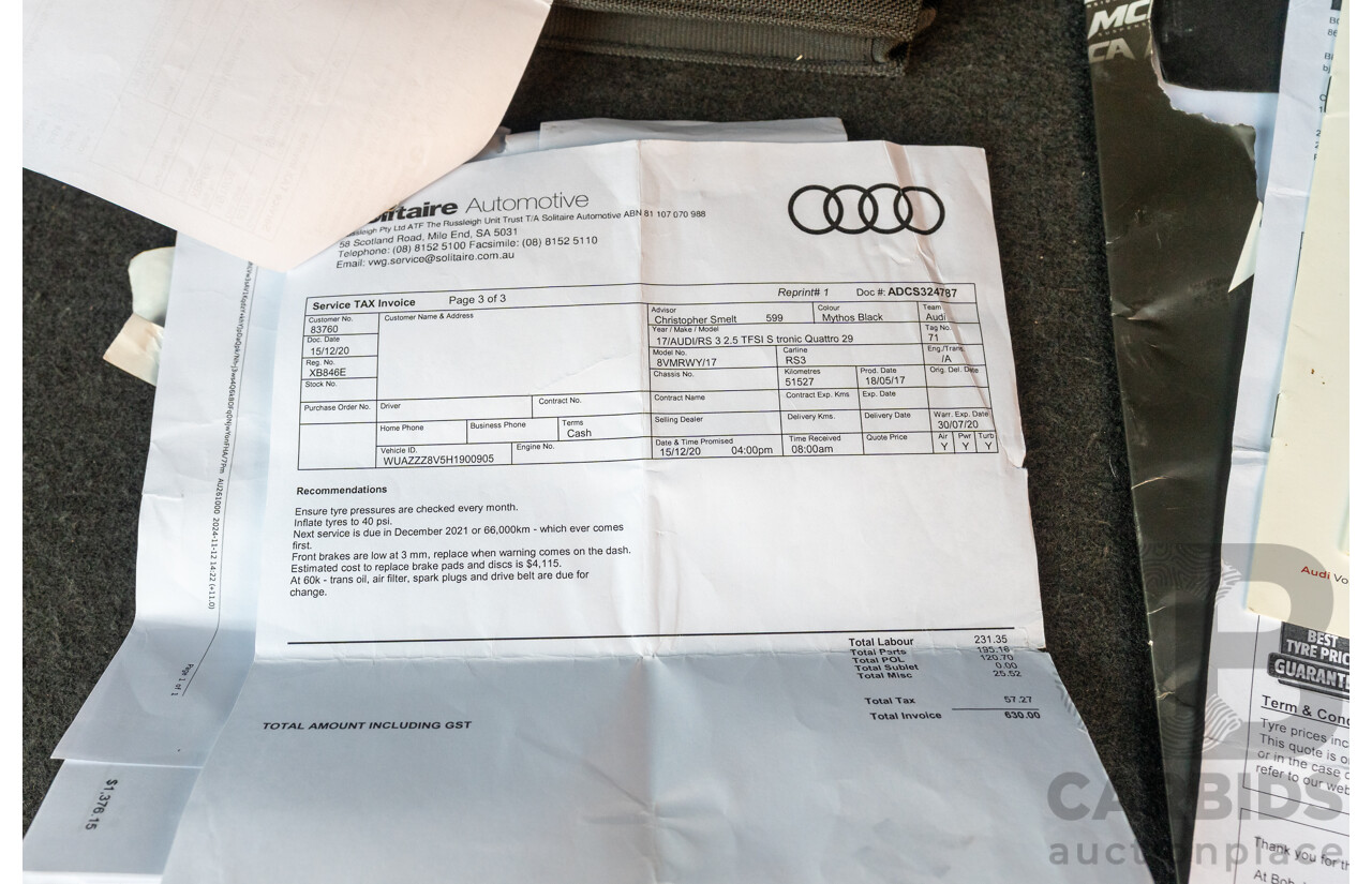 8/2017 Audi RS3 Quattro (AWD) 8V 4d Sedan Mythos Black Turbo 2.5L - Modified Stage 2