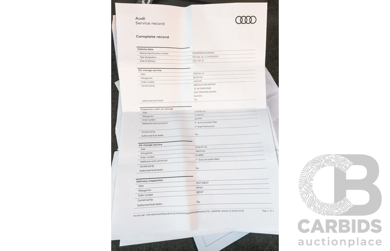 8/2017 Audi RS3 Quattro (AWD) 8V 4d Sedan Mythos Black Turbo 2.5L - Modified Stage 2