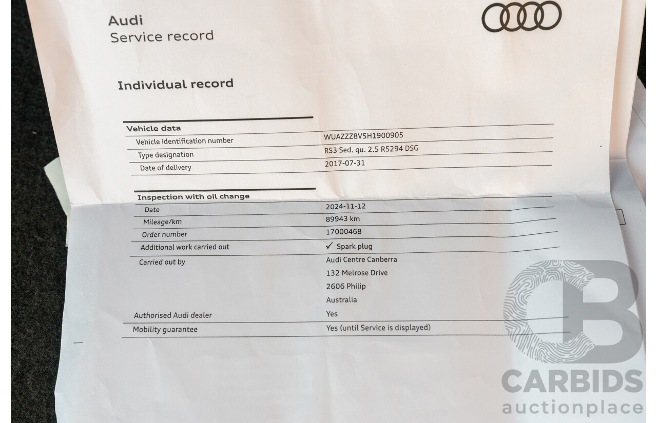 8/2017 Audi RS3 Quattro (AWD) 8V 4d Sedan Mythos Black Turbo 2.5L - Modified Stage 2