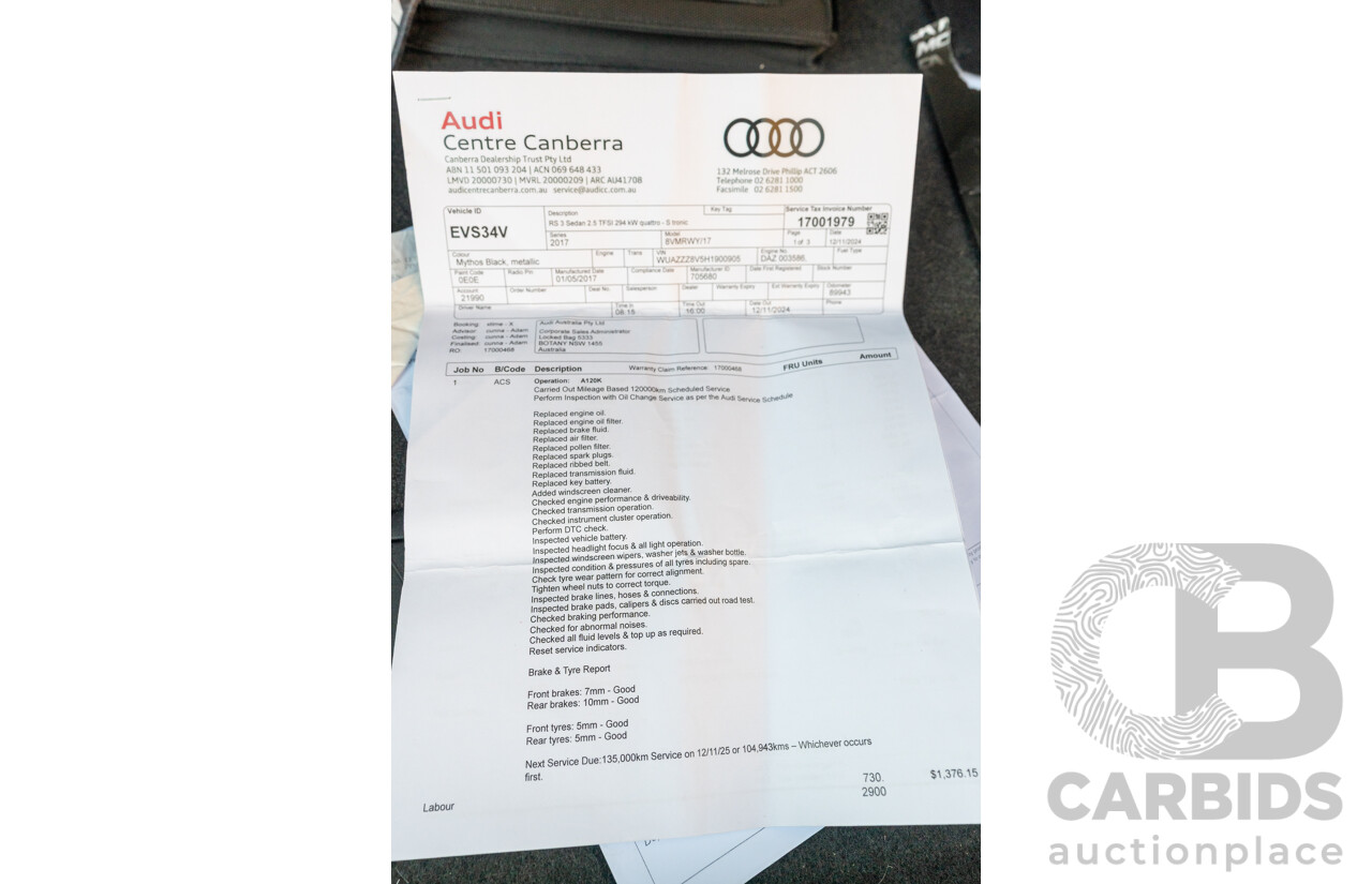 8/2017 Audi RS3 Quattro (AWD) 8V 4d Sedan Mythos Black Turbo 2.5L - Modified Stage 2