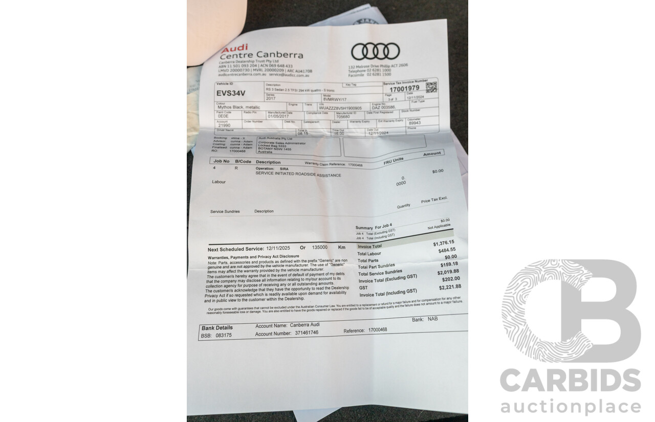 8/2017 Audi RS3 Quattro (AWD) 8V 4d Sedan Mythos Black Turbo 2.5L - Modified Stage 2
