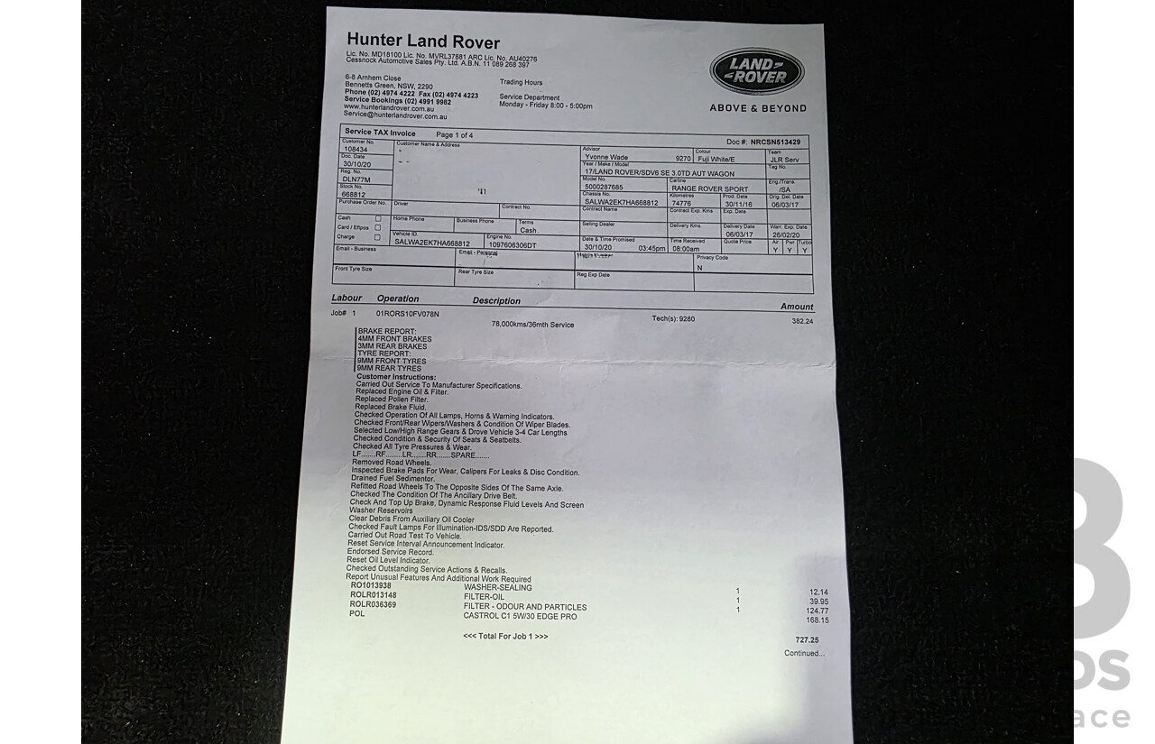 2/2017 Range Rover Range Rover Sport SDV6 SE (AWD) LW MY17 4d Wagon Fuji White Twin Turbo Diesel V6 3.0L