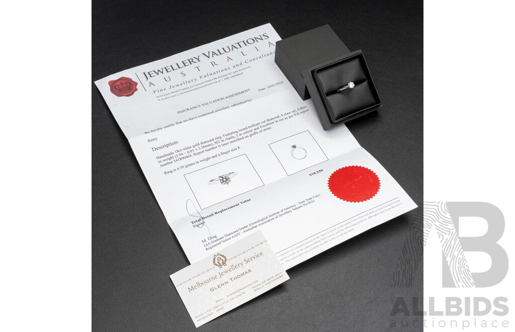 18ct White Gold & Diamond Solitaire Engagement Ring with Valuation - Size P
