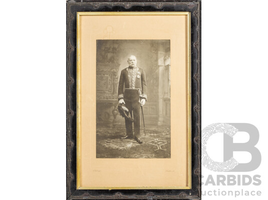 1661379 · Trio of Antique Portraits - Bromide Photograph of Regal British Man in Civil Court Dress, Oil on Paper Young Girl & Sketch of Baby in Bonnet, 47H x 32W cm (largest frame)(3)