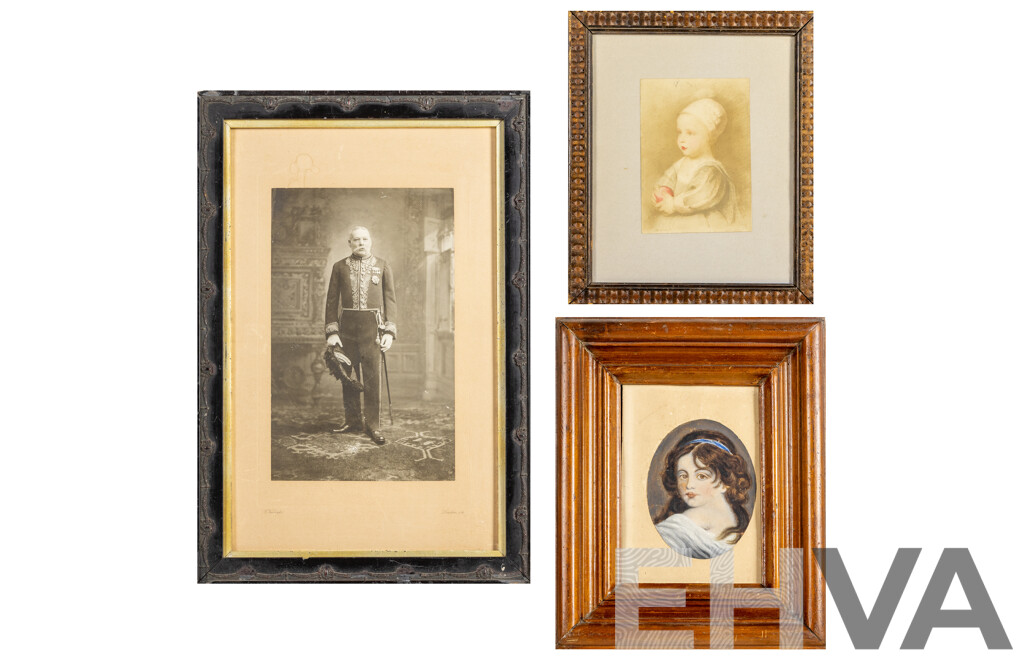 Trio of Antique Portraits - Bromide Photograph of Regal British Man in Civil Court Dress, Oil on Paper Young Girl & Sketch of Baby in Bonnet, 47H x 32W cm (largest frame)(3)