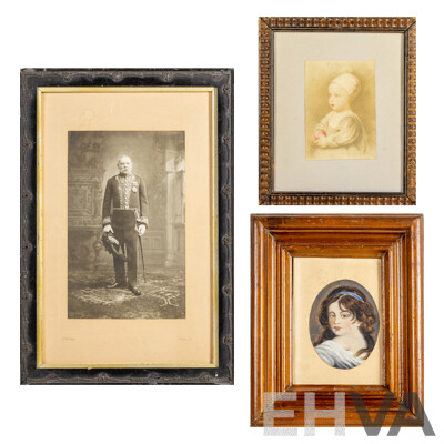 Trio of Antique Portraits - Bromide Photograph of Regal British Man in Civil Court Dress, Oil on Paper Young Girl & Sketch of Baby in Bonnet, 47H x 32W cm (largest frame)(3)