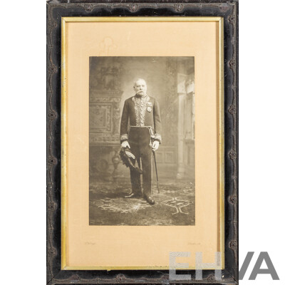 Trio of Antique Portraits - Bromide Photograph of Regal British Man in Civil Court Dress, Oil on Paper Young Girl & Sketch of Baby in Bonnet, 47H x 32W cm (largest frame)(3)