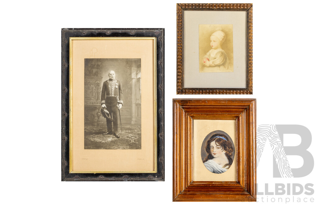 Trio of Antique Portraits - Bromide Photograph of Regal British Man in Civil Court Dress, Oil on Paper Young Girl & Sketch of Baby in Bonnet, 47H x 32W cm (largest frame)(3)