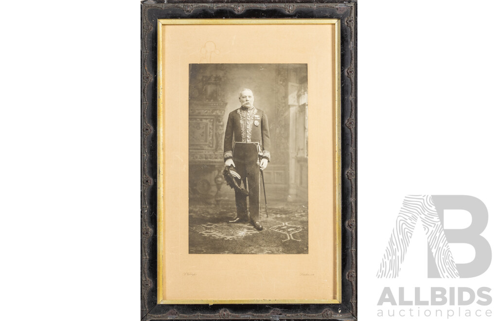 Trio of Antique Portraits - Bromide Photograph of Regal British Man in Civil Court Dress, Oil on Paper Young Girl & Sketch of Baby in Bonnet, 47H x 32W cm (largest frame)(3)