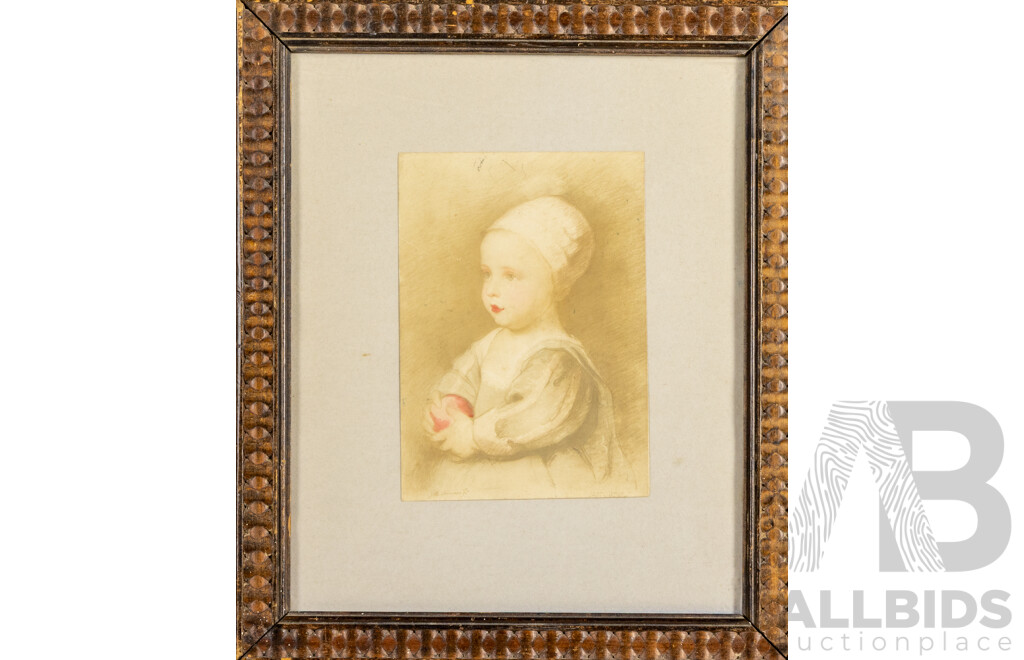 Trio of Antique Portraits - Bromide Photograph of Regal British Man in Civil Court Dress, Oil on Paper Young Girl & Sketch of Baby in Bonnet, 47H x 32W cm (largest frame)(3)