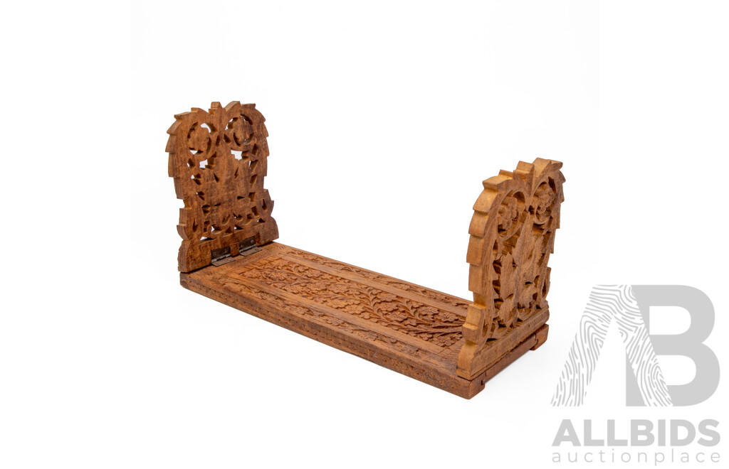 Vintage Heavily Carved Indian Hardwood Sliding Book Shelf