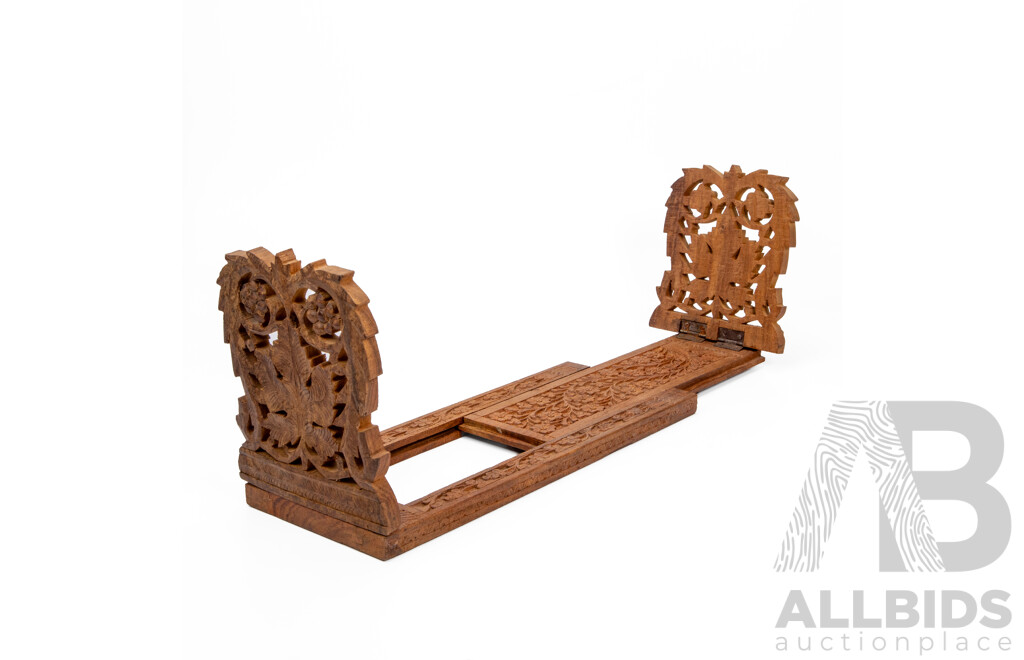 Vintage Heavily Carved Indian Hardwood Sliding Book Shelf