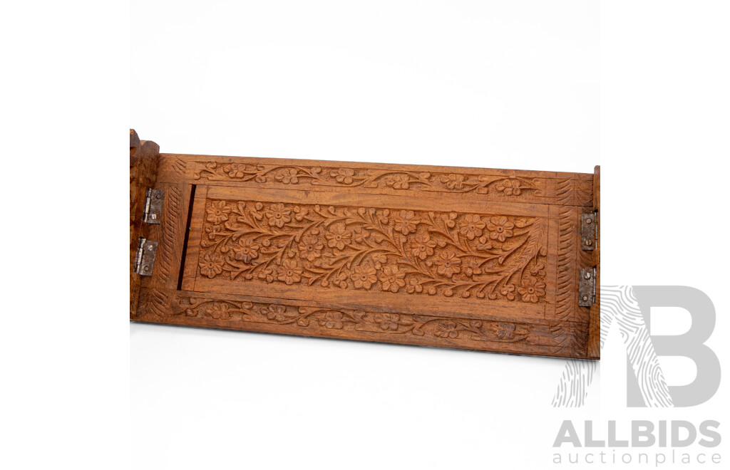 Vintage Heavily Carved Indian Hardwood Sliding Book Shelf