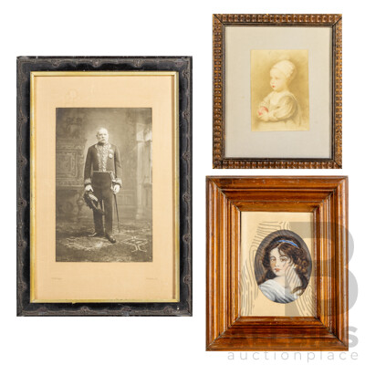 Trio of Antique Portraits - Bromide Photograph of Regal British Man in Civil Court Dress, Oil on Paper Young Girl & Sketch of Baby in Bonnet, 47H x 32W cm (largest frame)(3)