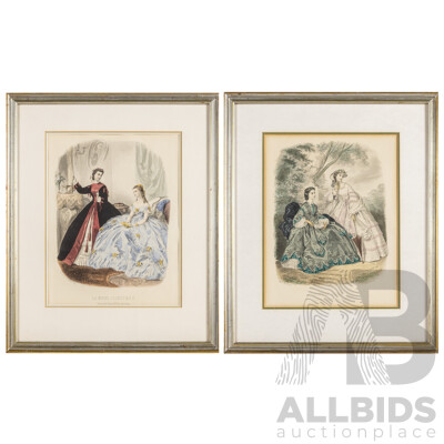 La Mode Illustree, Bureaux Du Journal 56 Rue Jacob, Paris, Pair of Hand Painted Fashion Lithographs (mid-late 1890s), 47H x 38W cm (frames) (2)
