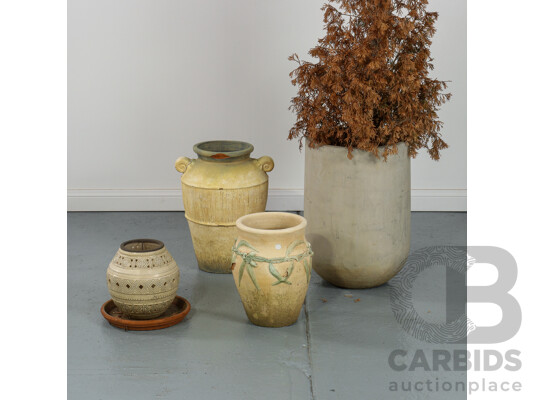 Set of 4 Pots, Ceramic Plant Saucer and Distressed Arborvitae Plant