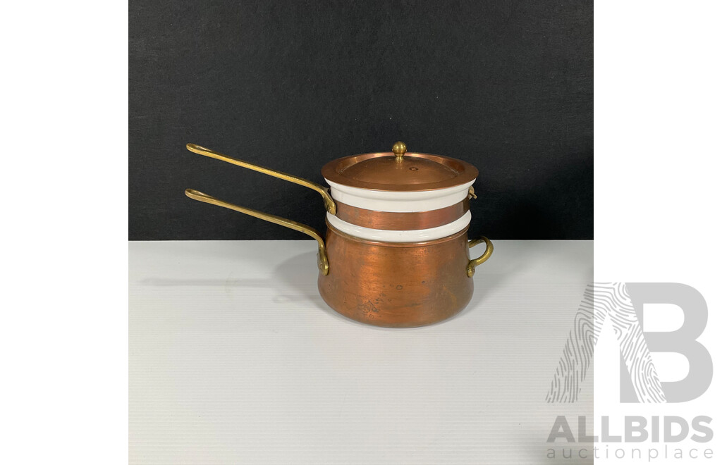 Vintage Hand Mincer, Aluminium Washing Dish and Copper Saucepan with Ceramic Pot Insert