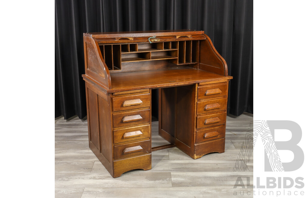 Vintage Oak Twin Pedestal Roll Top Desk