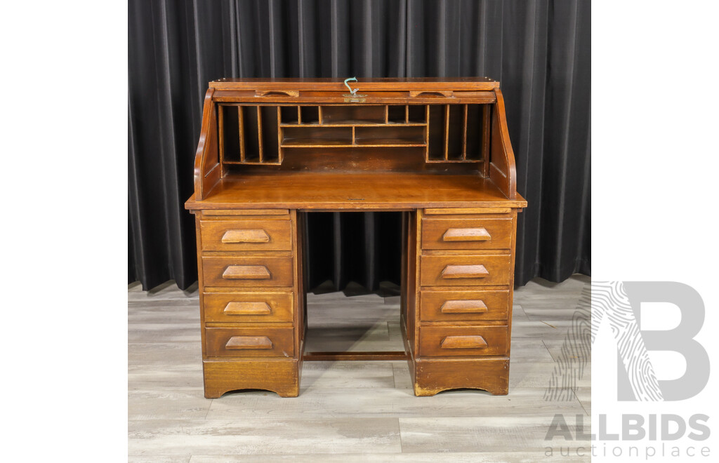 Vintage Oak Twin Pedestal Roll Top Desk