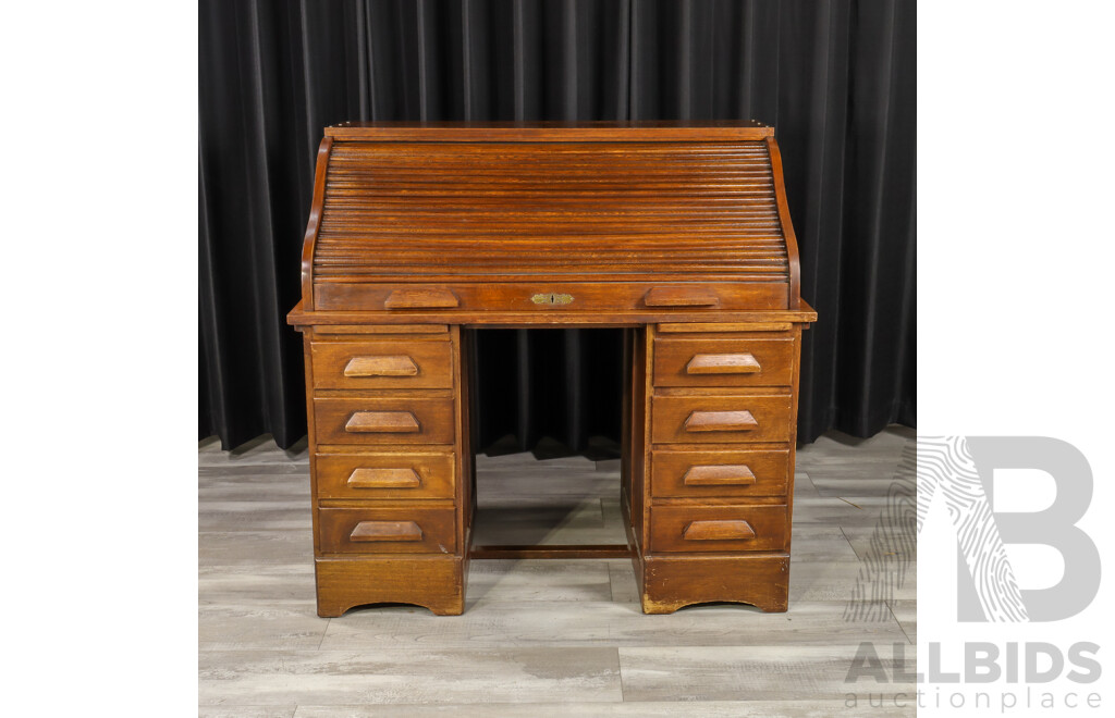 Vintage Oak Twin Pedestal Roll Top Desk