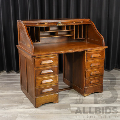 Vintage Oak Twin Pedestal Roll Top Desk