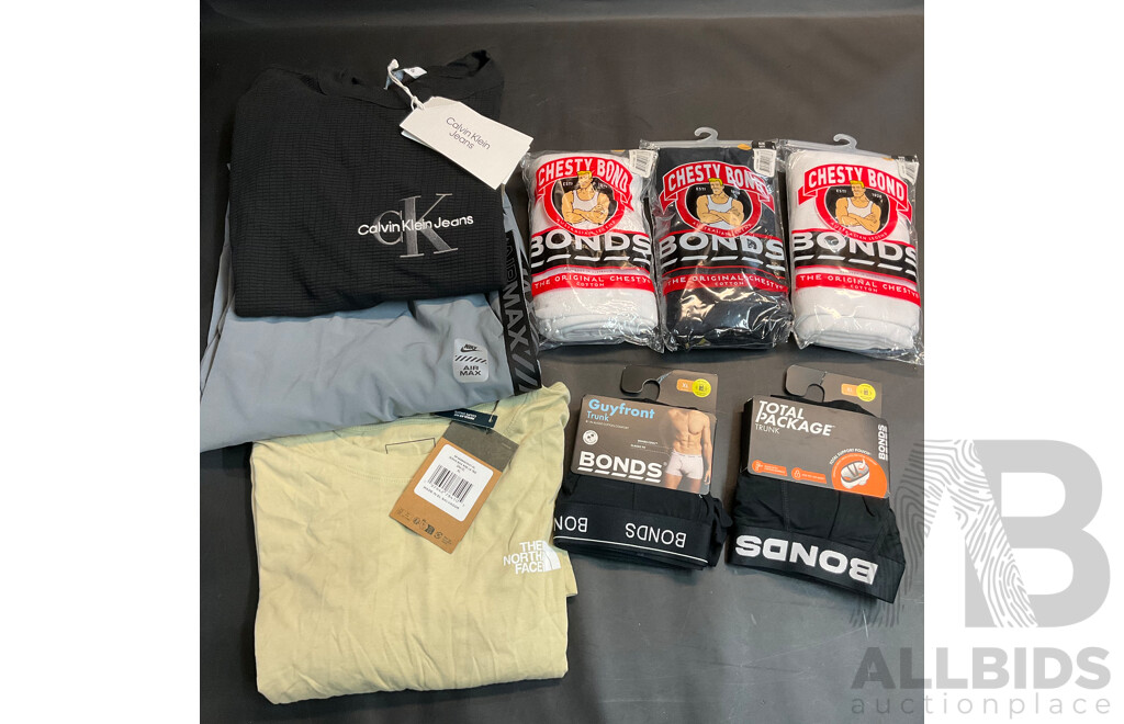 Calvin Klein Black T-Shirt & the North Face Long Sleeve & Nike Men's Pants (XL) and Assorted Bonds Trunks(XL) & Singlets (2XL)