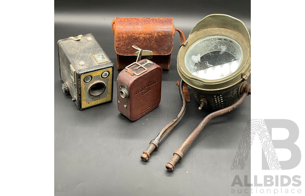 Vintage Photography Equipment, Including KODAK Brownie Box Camera, Baby-Cine Camera and Large Lamp - Lot of 3