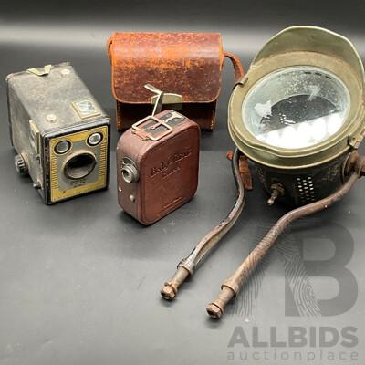 Vintage Photography Equipment, Including KODAK Brownie Box Camera, Baby-Cine Camera and Large Lamp - Lot of 3