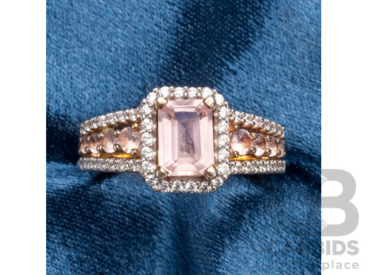 Rose Gold Plated Sterling Silver, Pink Morganite & White Topaz Ring - Size N