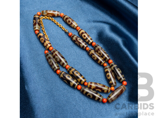 Tibetan Necklace with Tianzhu Agate Beads & 24ct Gold Plated Chain