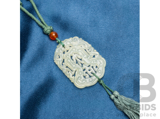 Chinese Light Green Jade Plaque & Beads on Synthetic Cotton
