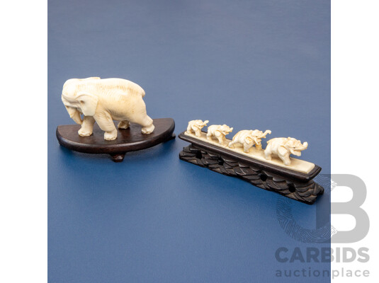 Vintage Carved Ivory Elephants & Wood Stands - Lot of 2