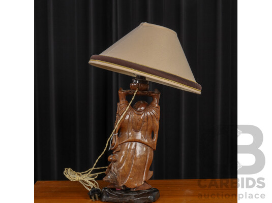 Chinese Figurative Carved Wooden Table Lamp and Shade